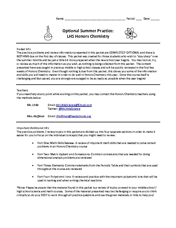 Optional Summer Practice: LHS Honors Chemistry
