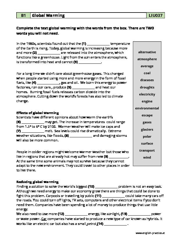 [PDF] Global Warming - PDF Vocabulary Worksheet - B1 - LIU037