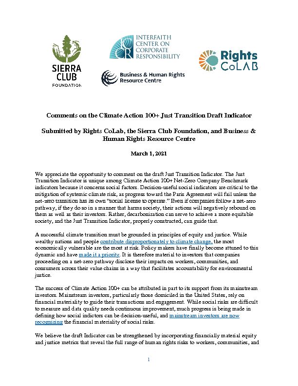 Comments on the Climate Action 100  Just Transition Draft Indicator