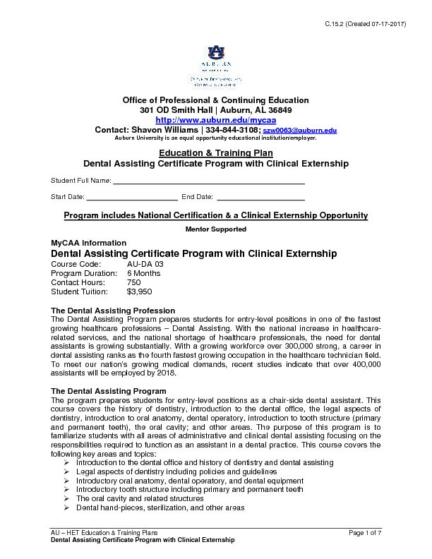 [PDF] Dental Assisting Certificate Program with Clinical Externship