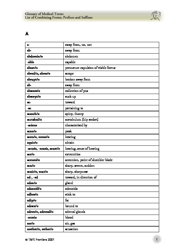 [PDF] 1 Glossary of Medical Terms List of Combining Forms, Prefixes and