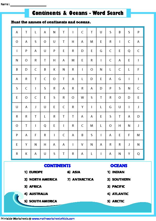 Continents & Oceans - Word Search - Math Worksheets 4 Kids