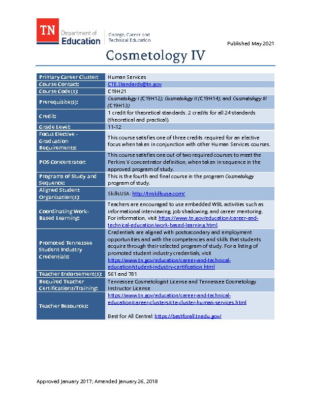 Cosmetology I ( ), Cosmetology II ( ), Cosmetology III
