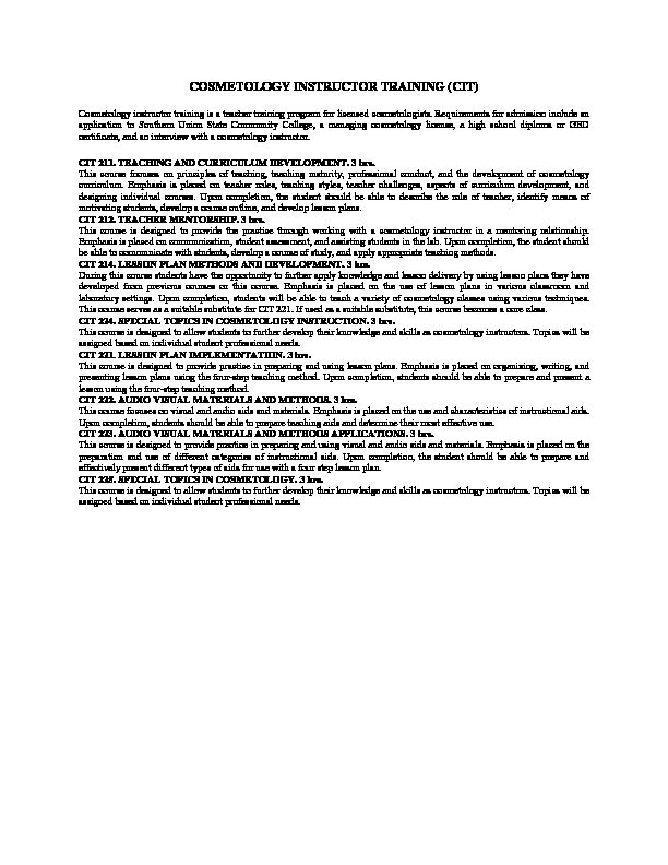 [PDF] COSMETOLOGY INSTRUCTOR TRAINING (CIT) - Southern Union