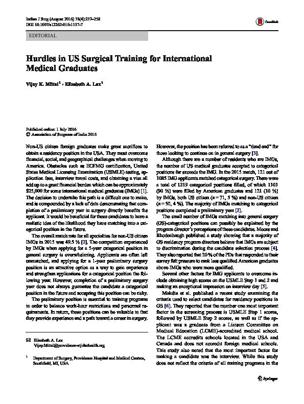 Hurdles in US Surgical Training for International Medical