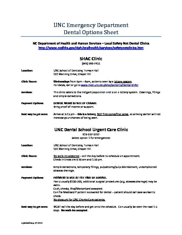[PDF] UNC Emergency Department Dental Options Sheet