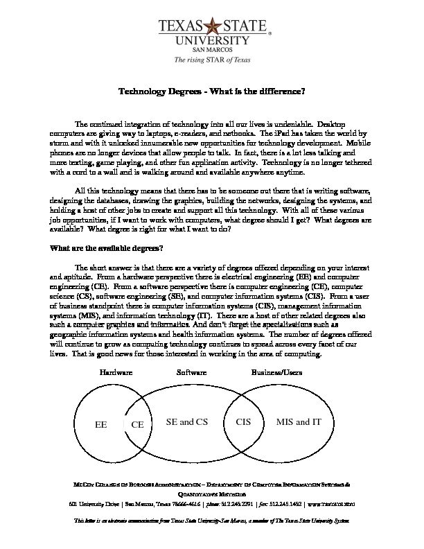 [PDF] Technology Degrees - What is the difference? CE EE E CIS SE and