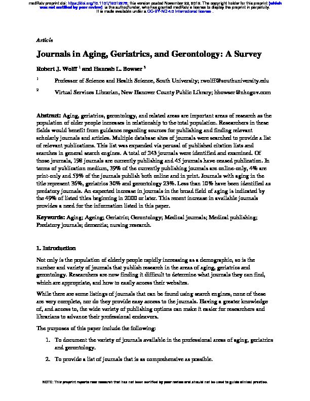 [PDF] Journals in Aging, Geriatrics, and Gerontology: A Survey - medRxiv