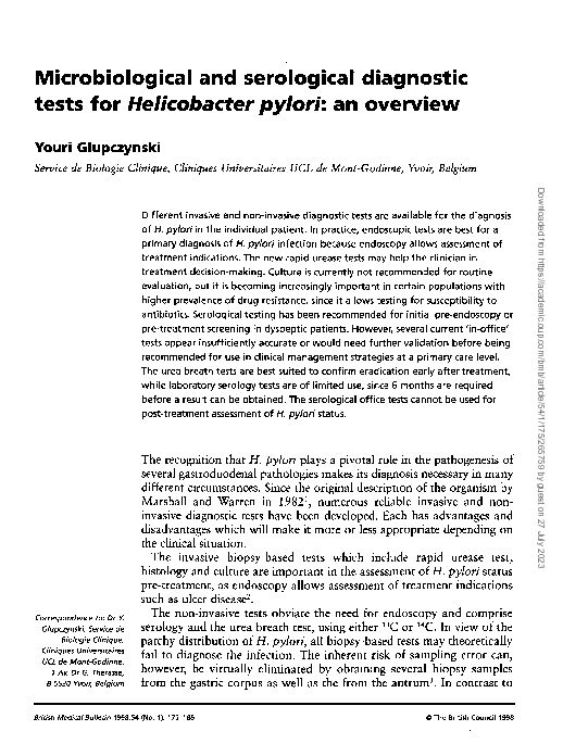 Microbiological and serological diagnostic tests for Helicobacter pylori