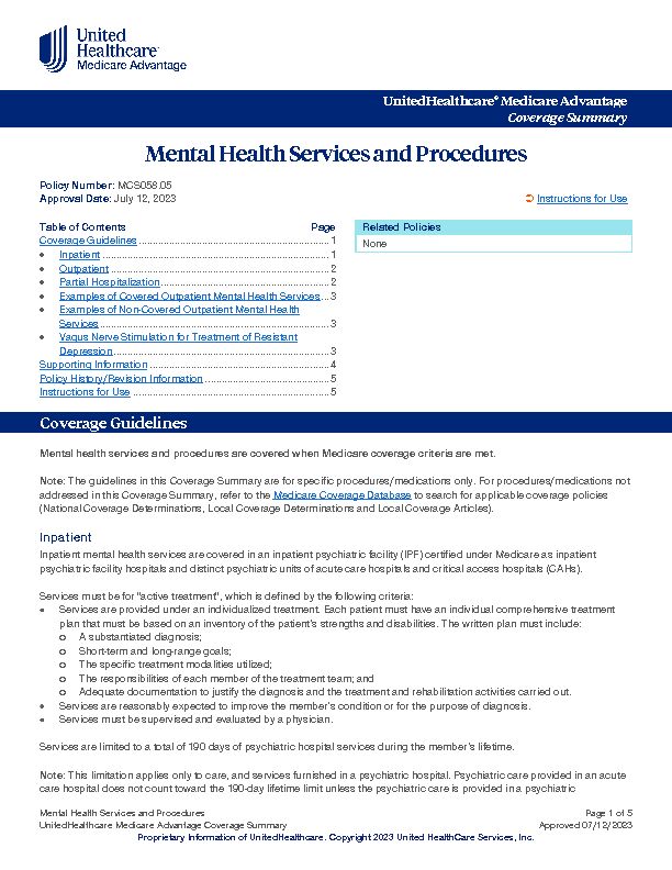 [PDF] Mental Health Services and Procedures – Medicare Advantage