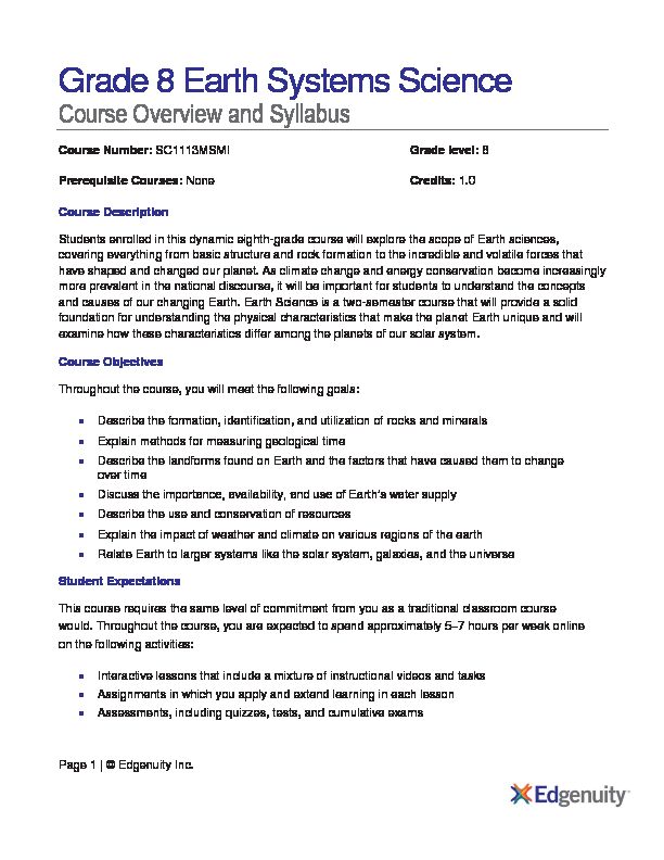 Grade 8 Earth Systems Science - Course Overview and Syllabus