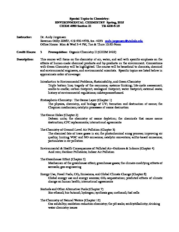 [PDF] ENVIRONMENTAL CHEMISTRY Spring, 2015 CHEM 4980 Section
