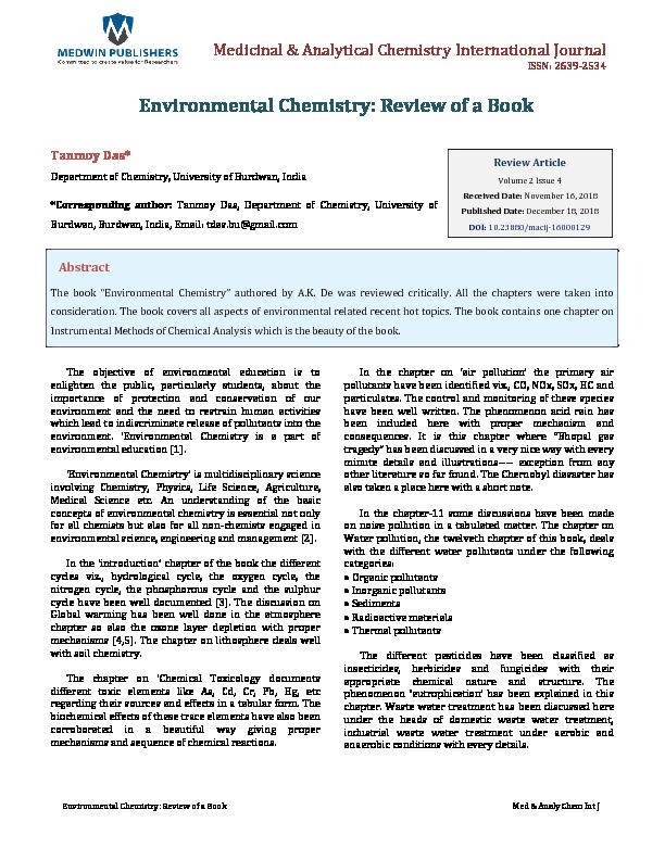 Tanmoy Das. Environmental Chemistry: Review of a Book. Med