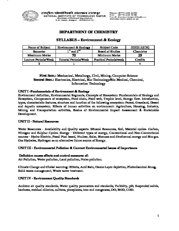 [PDF] DEPARTMENT OF CHEMISTRY SYLLABUS – Environment