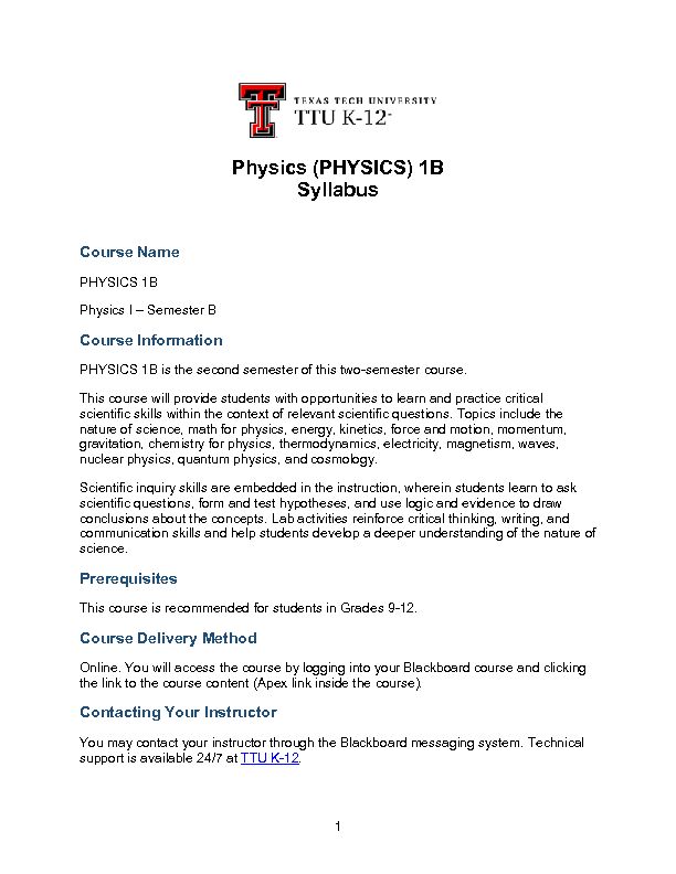 Physics (PHYSICS) 1B Syllabus