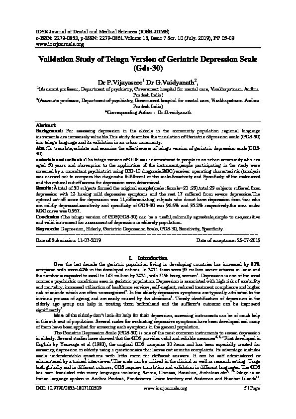 [PDF] Validation Study of Telugu Version of Geriatric Depression Scale