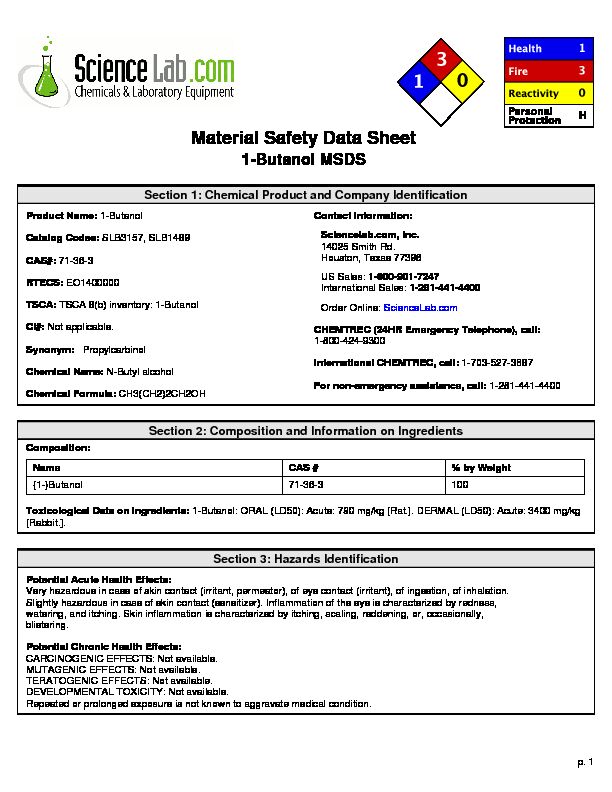Material Safety Data Sheet - 1-Butanol MSDS