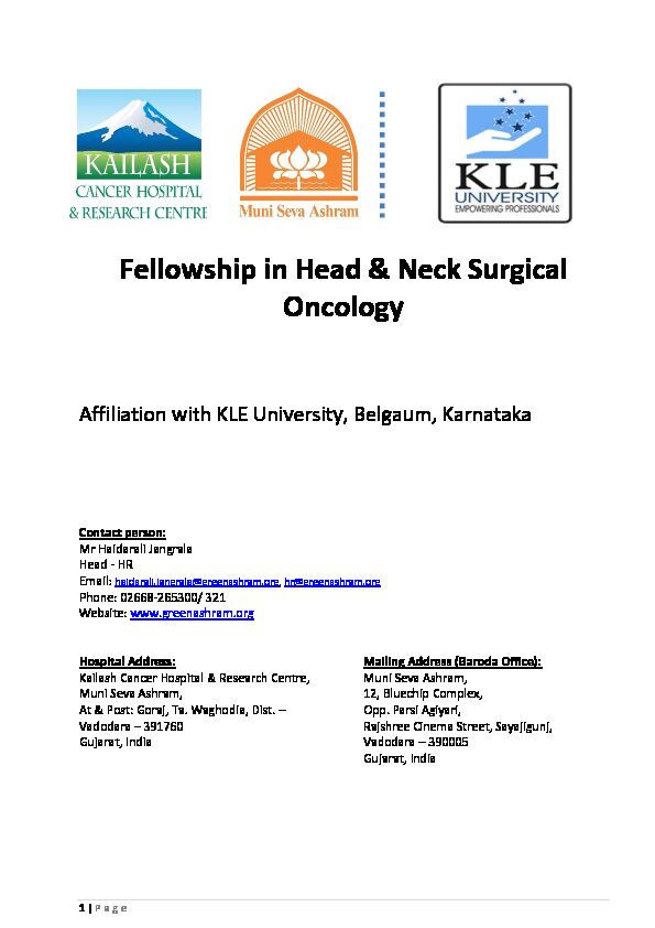 [PDF] Fellowship in H& N Oncology at KCHRC, Goraj - Muni Seva Ashram