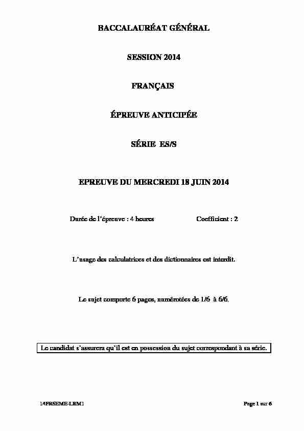 Sujet officiel complet du bac S-ES Français (1ère) 2014 - Métropole