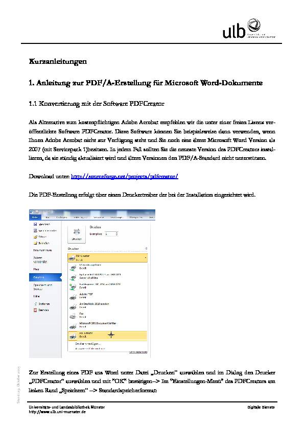 Kurzanleitungen 1. Anleitung zur PDF/A-Erstellung für Microsoft