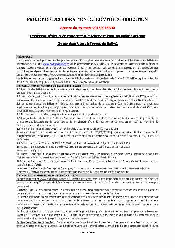 [PDF] PROJET DE DELIBERATION DU COMITE DE  - Nuits du Sud