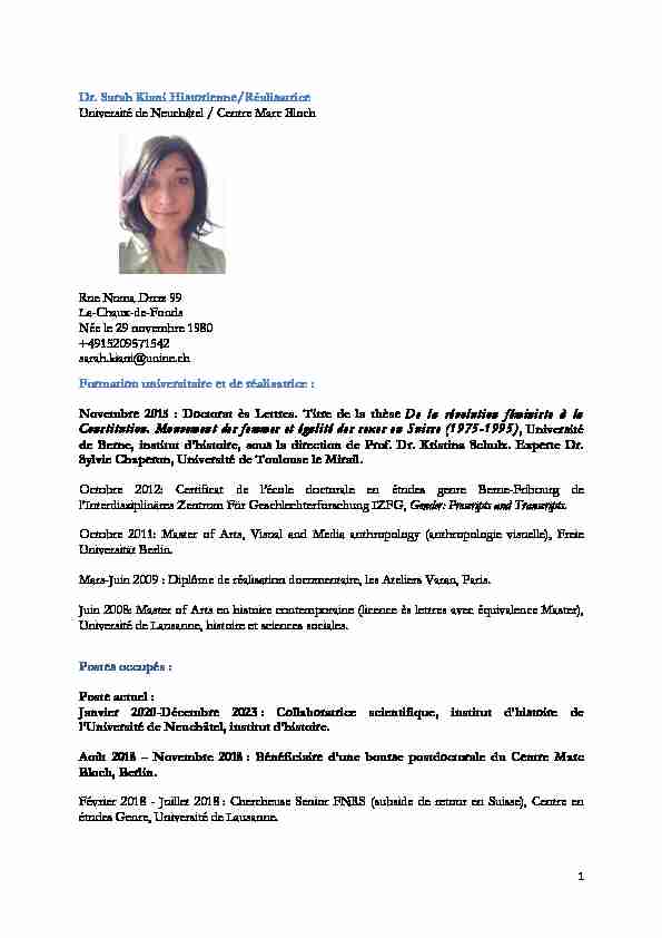 Dr. Sarah Kiani Historienne/Réalisatrice Université de Neuchâtel