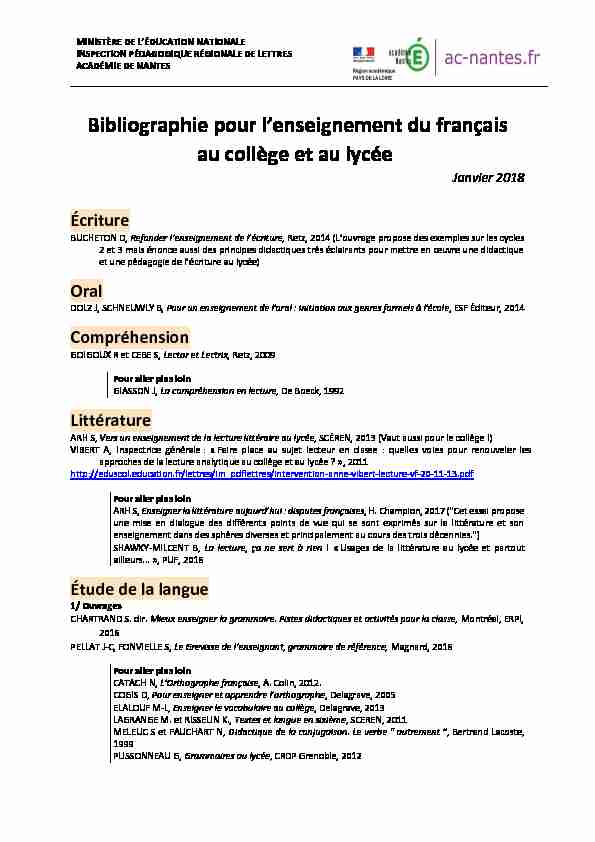 Bibliographie pour lenseignement du français au collège et au lycée