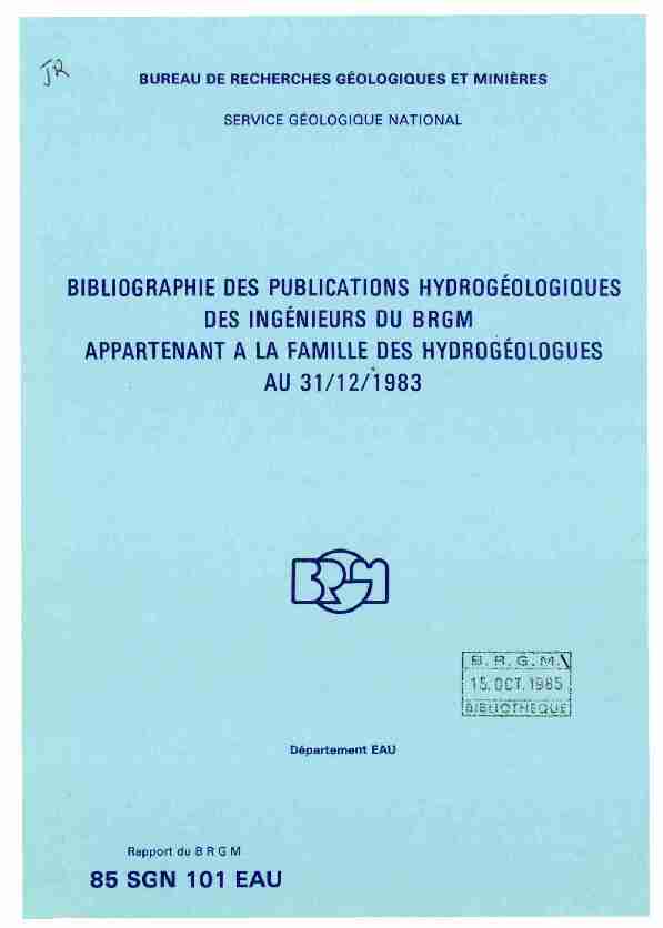 BIBLIOGRAPHIE DES PUBLICATIONS HYDROGÉOLOGIQUES