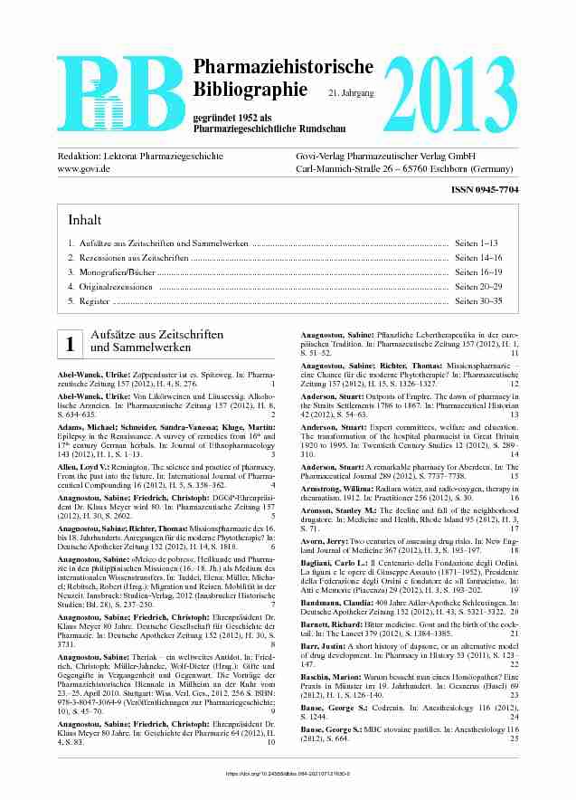Pharmaziehistorische Bibliographie 21. Jahrgang 2013
