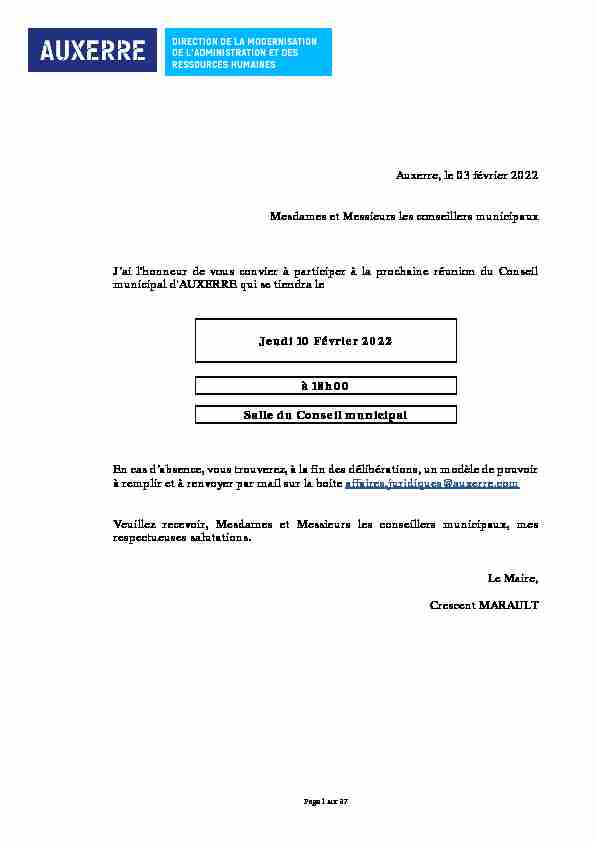 Auxerre le 03 février 2022 Mesdames et Messieurs les conseillers