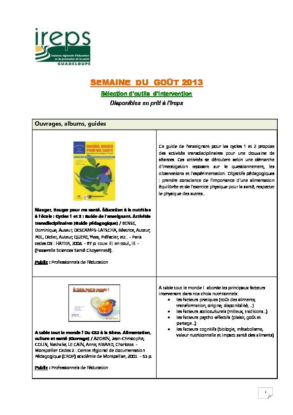 [PDF] SEMAINE DU GOÛT 2013 - IREPS Guadeloupe