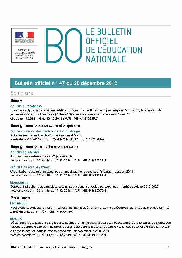 Bulletin officiel n° 47 du 20 décembre 2018 Sommaire