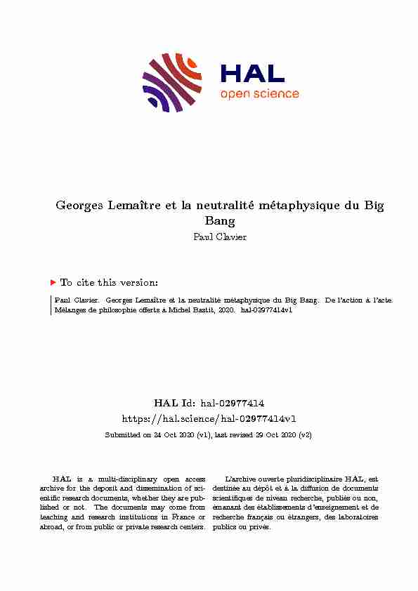 Georges Lemaître et la neutralité métaphysique du Big Bang