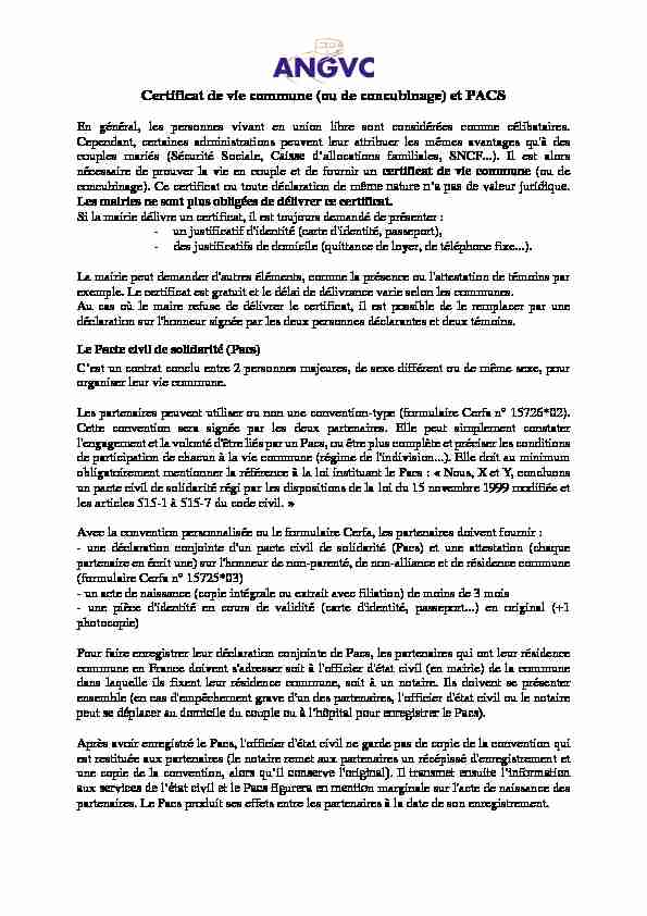 [PDF] Certificat de vie commune (ou de concubinage) et PACS - ANGVC