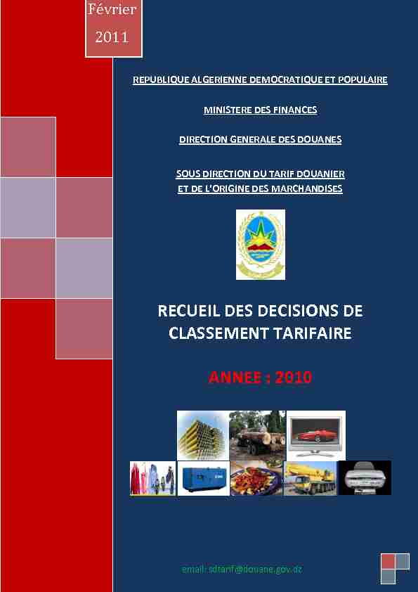 RECUEIL DES DECISIONS DE CLASSEMENT TARIFAIRE ANNEE