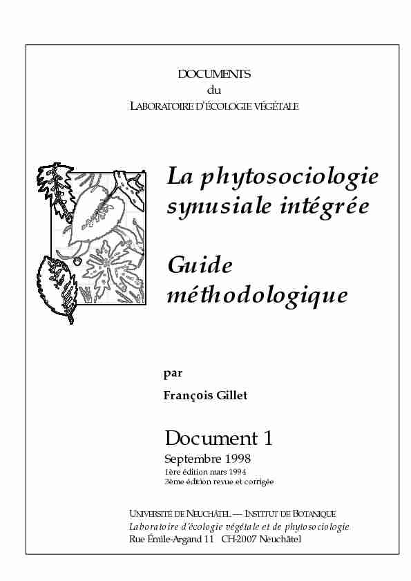 La phytosociologie synusiale intégrée Guide méthodologique
