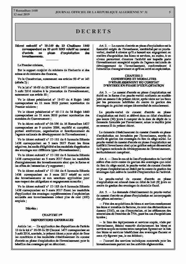 Algerie - Decret n°19-149 du 29 avril 2019 relatif au constat dentree
