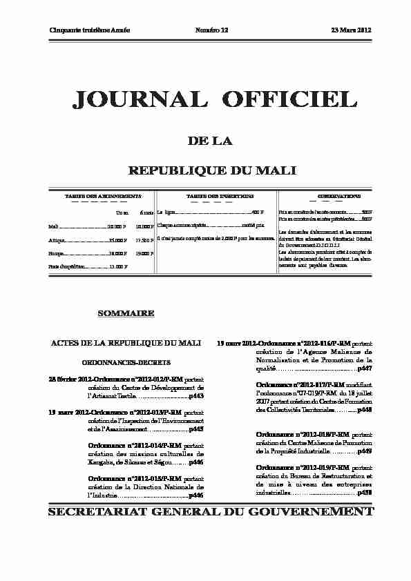 Journal officiel du Mali de lannee 2012