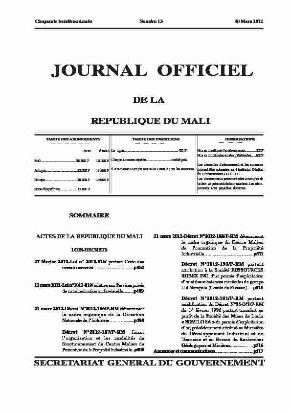 Journal officiel du Mali de l'annee 2012