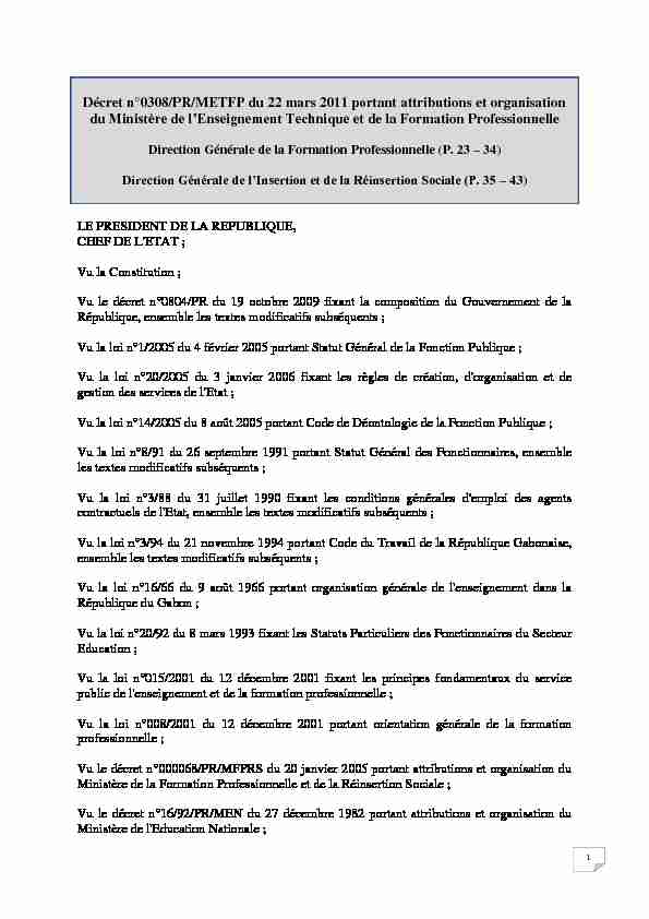 Décret n°0308/PR/METFP du 22 mars 2011 portant attributions et