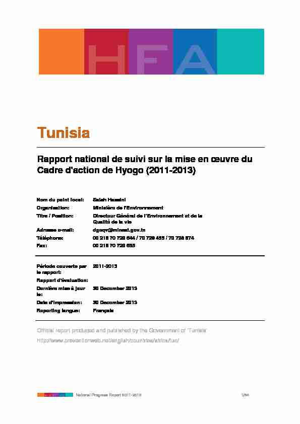 Tunisia:Rapport national de suivi sur la mise en œuvre du Cadre d