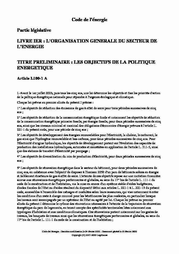 Code de lénergie Partie législative LIVRE IER : LORGANISATION