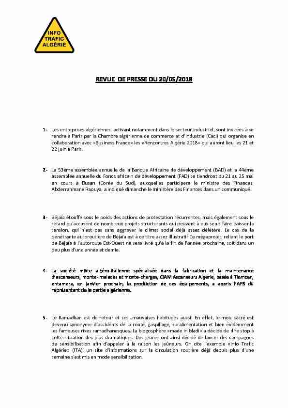 REVUE DE PRESSE DU 20/05/2018 - Info Trafic Algérie