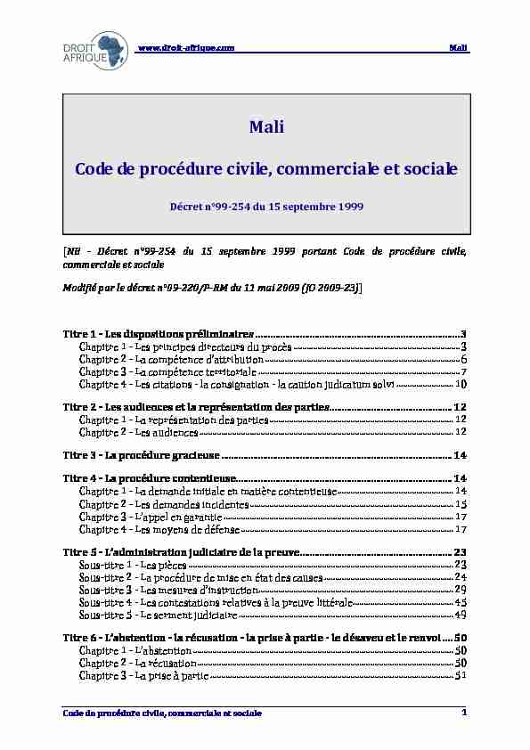 Mali Code de procédure civile commerciale et sociale