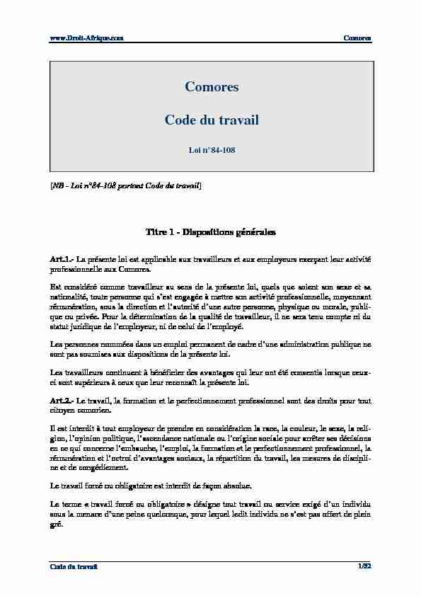 Comores - Loi n°84-108 portant Code du travail (www.droit-afrique