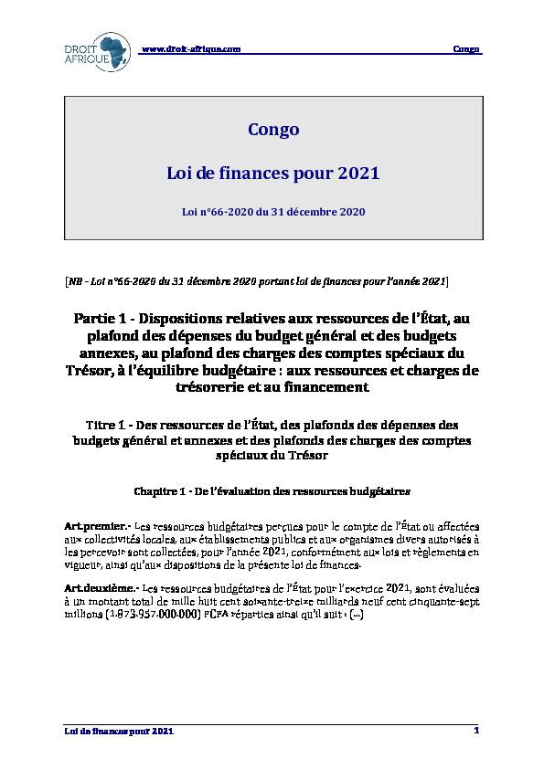 Congo – Loi de finances pour 2021