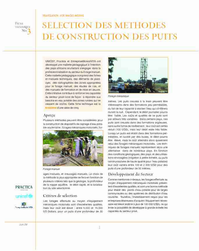 SELECTION DES METHODES DE CONSTRUCTION DES PUITS