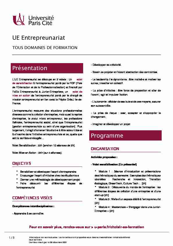 UE Entrepreunariat Présentation Programme