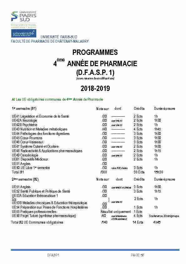 PROGRAMMES 4 ANNÉE DE PHARMACIE (D.F.A.S.P. 1) 2018-2019