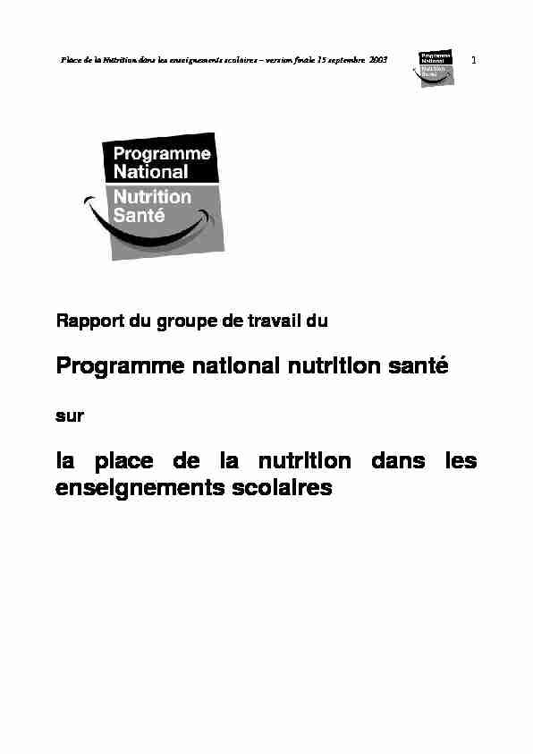 Programme national nutrition santé la place de la nutrition dans les